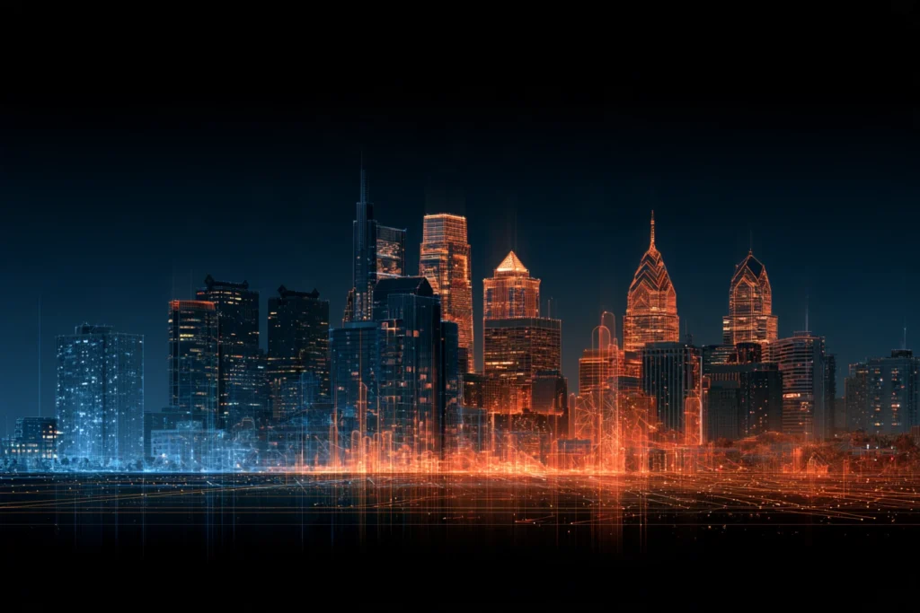 Digital wireframe skyline of Philadelphia with glowing orange skyscrapers at night, representing search engine optimization in Philadelphia
