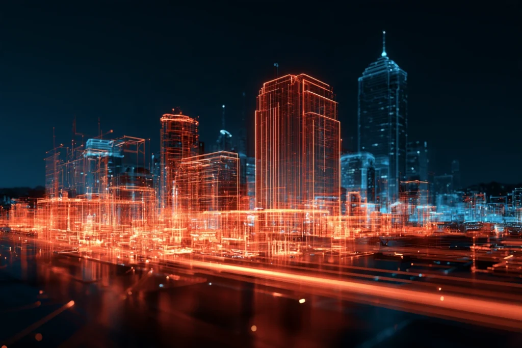 Digital wireframe skyline of downtown Phoenix with a glowing orange road streak below, representing search engine optimization in Phoenix