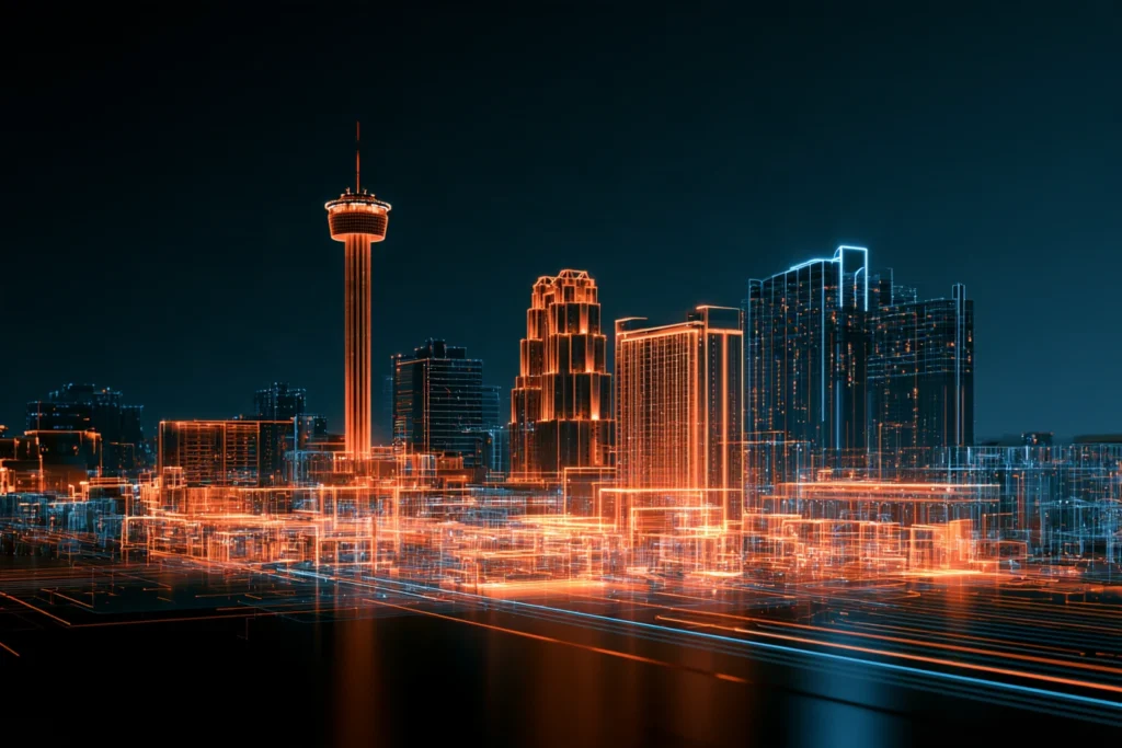 Digital wireframe skyline of San Antonio with the Tower of the Americas glowing orange at night, representing search engine optimization in San Antonio