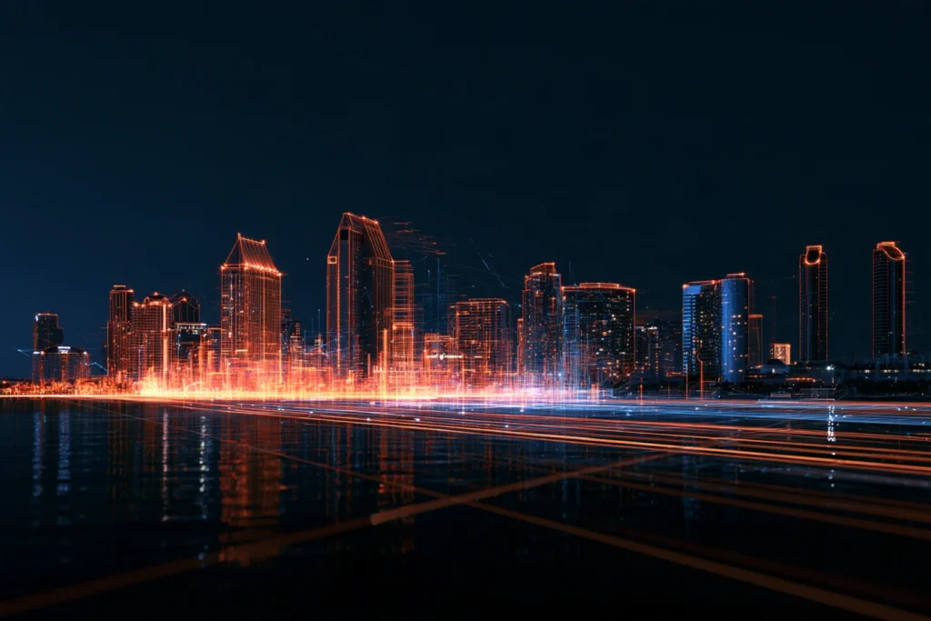 Digital wireframe skyline of San Diego with streaking orange and blue light reflecting off the water, representing search engine optimization in San Diego