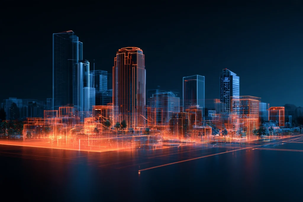 Digital wireframe skyline of downtown San Jose with a glowing orange plaza below, representing search engine optimization in San Jose