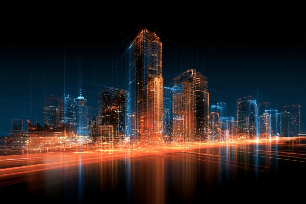 Digital wireframe skyline of Vancouver with Canada Place reflecting off the harbor at night, representing search engine optimization in Vancouver