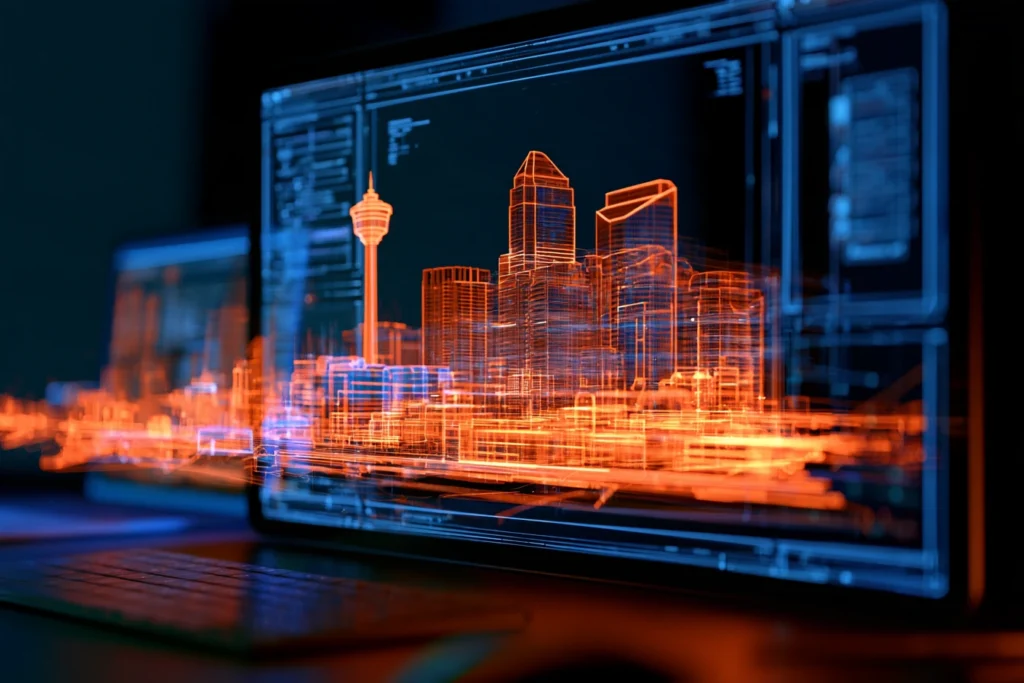 Laptop screen displaying a wireframe rendering of the Calgary skyline and Calgary Tower, representing web design and development in Calgary