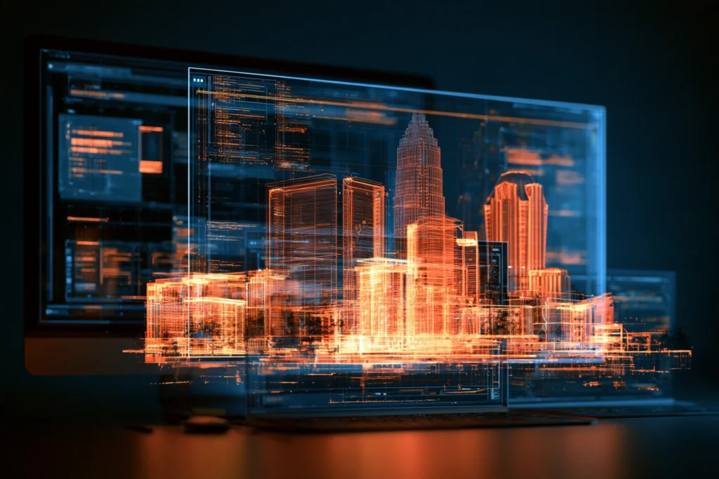 Laptop displaying a wireframe rendering of the Charlotte skyline and Bank of America Corporate Center, representing web design and development in Charlotte