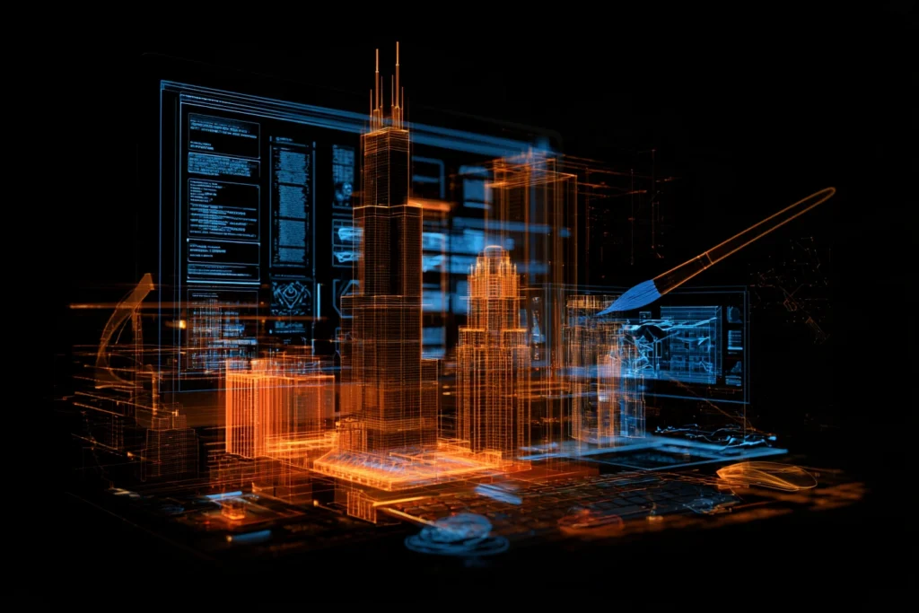 Digital wireframe rendering of the Chicago skyline and Willis Tower with a design brush, representing web design and development in Chicago