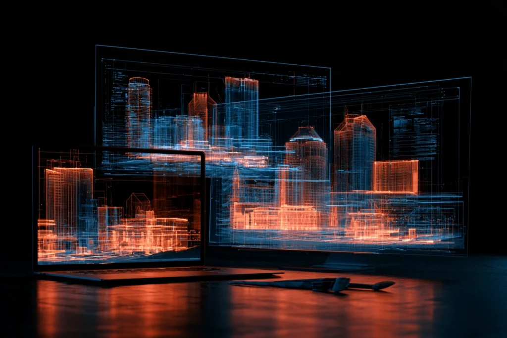 Laptop and monitor displaying a wireframe rendering of the Columbus skyline, representing web design and development in Columbus