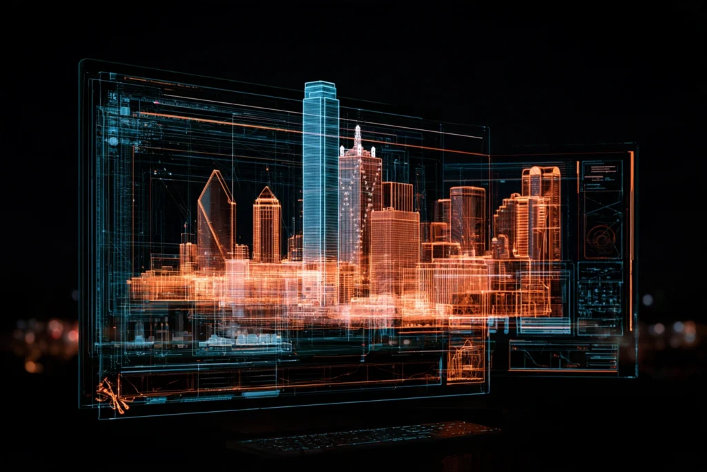 Monitor displaying a wireframe rendering of the downtown Dallas skyline, representing web design and development in Dallas