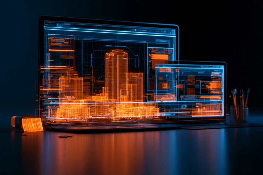 Laptop screens displaying a wireframe rendering of the downtown Fort Worth skyline, representing web design and development in Fort Worth