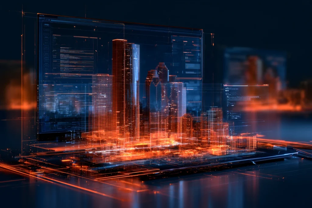 Laptop displaying a wireframe rendering of the downtown Houston skyline, representing web design and development in Houston