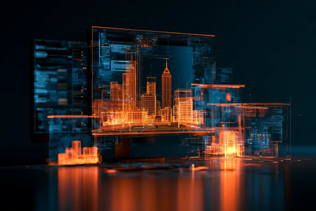 Monitor displaying a wireframe rendering of the Indianapolis skyline with Salesforce Tower, representing web design and development in Indianapolis