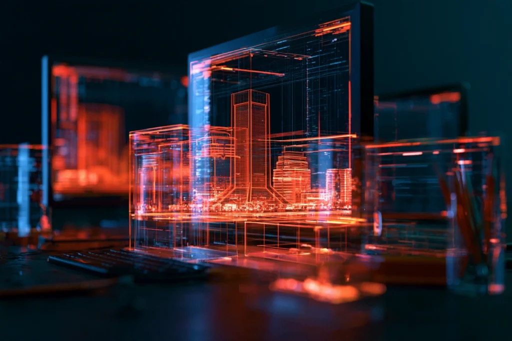 Monitors displaying a wireframe rendering of the Jacksonville skyline, representing web design and development in Jacksonville