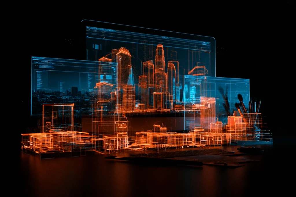 Layered digital screens displaying a wireframe rendering of the downtown Los Angeles skyline, representing web design and development in Los Angeles