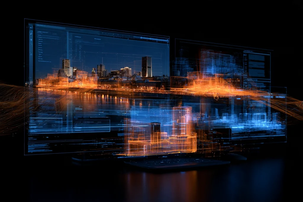 Digital displays showing website wireframes and a 3D model of the Montreal skyline, representing web design and development in Montreal