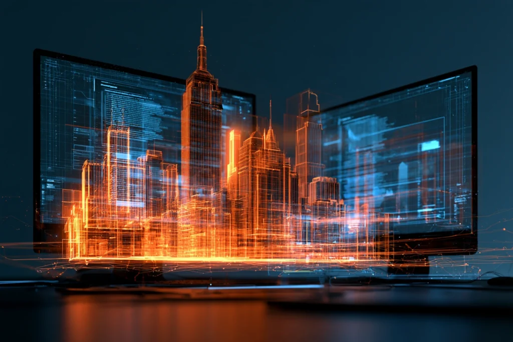Dual monitors displaying a wireframe rendering of the New York City skyline with the Empire State Building, representing web design and development in New York