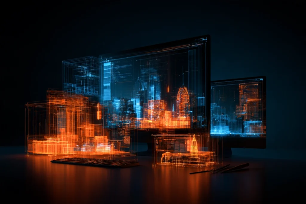 Monitors and wireframe building models displaying the Philadelphia skyline in orange and blue, representing web design and development in Philadelphia