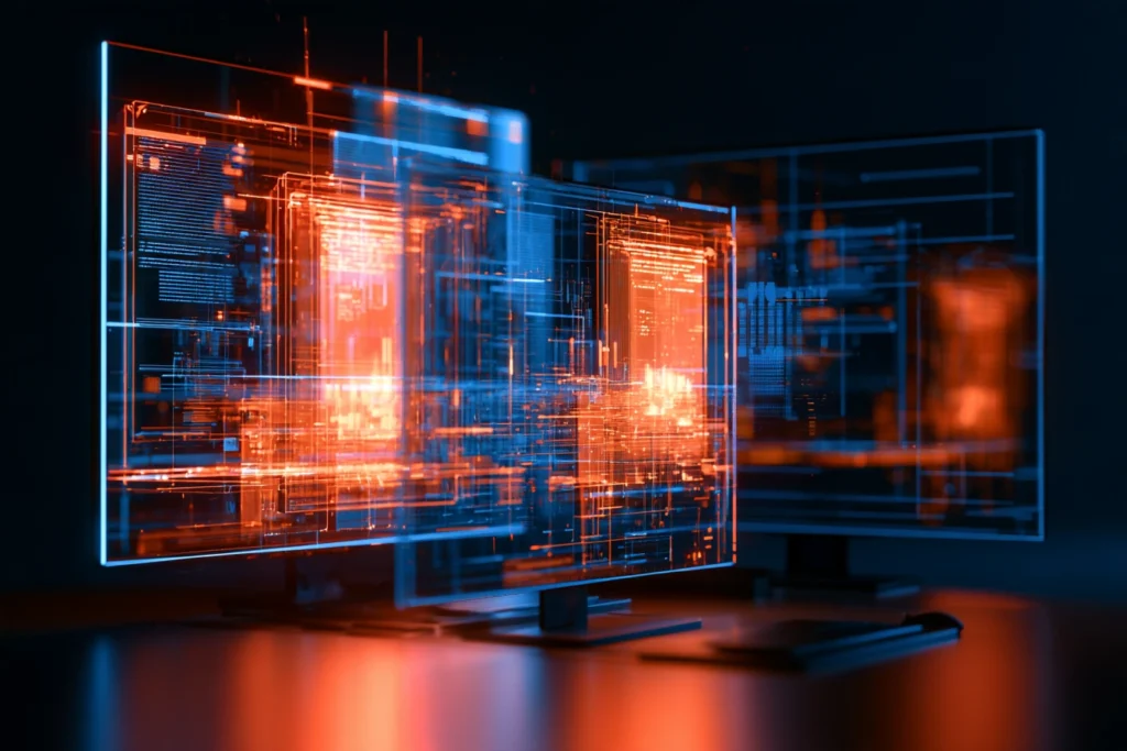 Multiple monitors glowing with a wireframe website design layout in orange and blue, representing web design and development in Phoenix