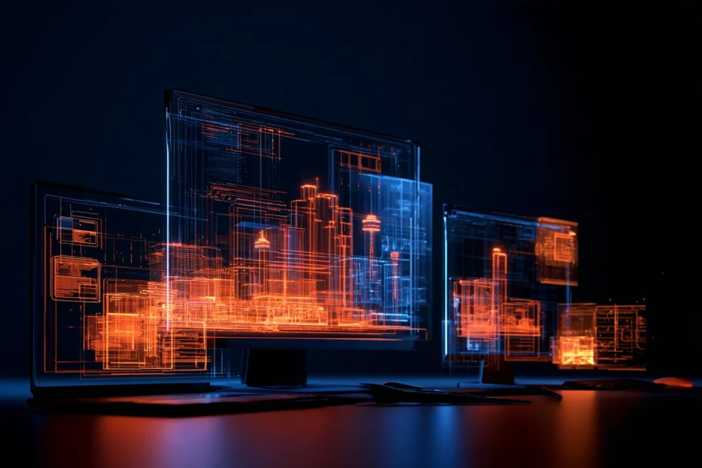 Monitors displaying a wireframe rendering of the San Antonio skyline and Tower of the Americas, representing web design and development in San Antonio