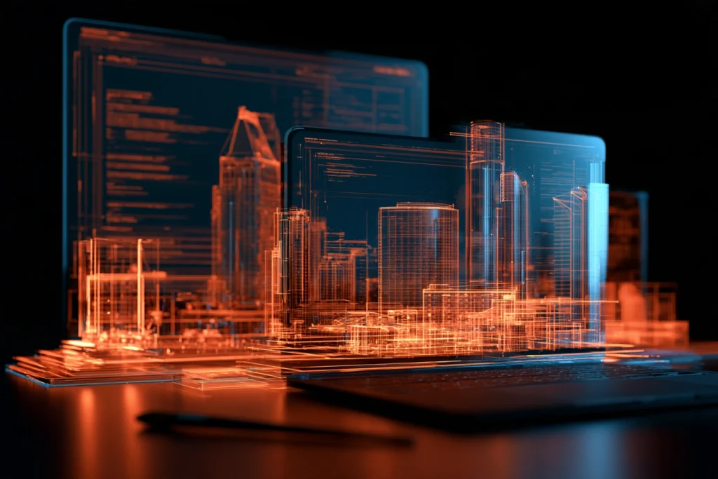 Layered screens and laptop displaying a wireframe rendering of the San Diego skyline, representing web design and development in San Diego
