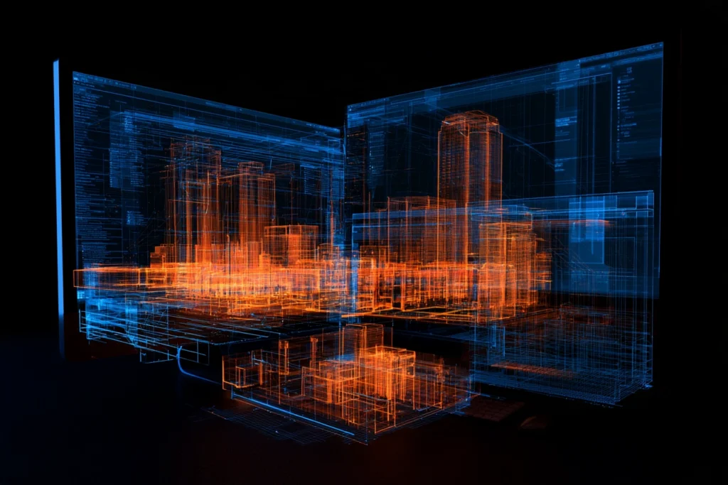 Monitors displaying a wireframe rendering of the San Jose skyline and buildings, representing web design and development in San Jose