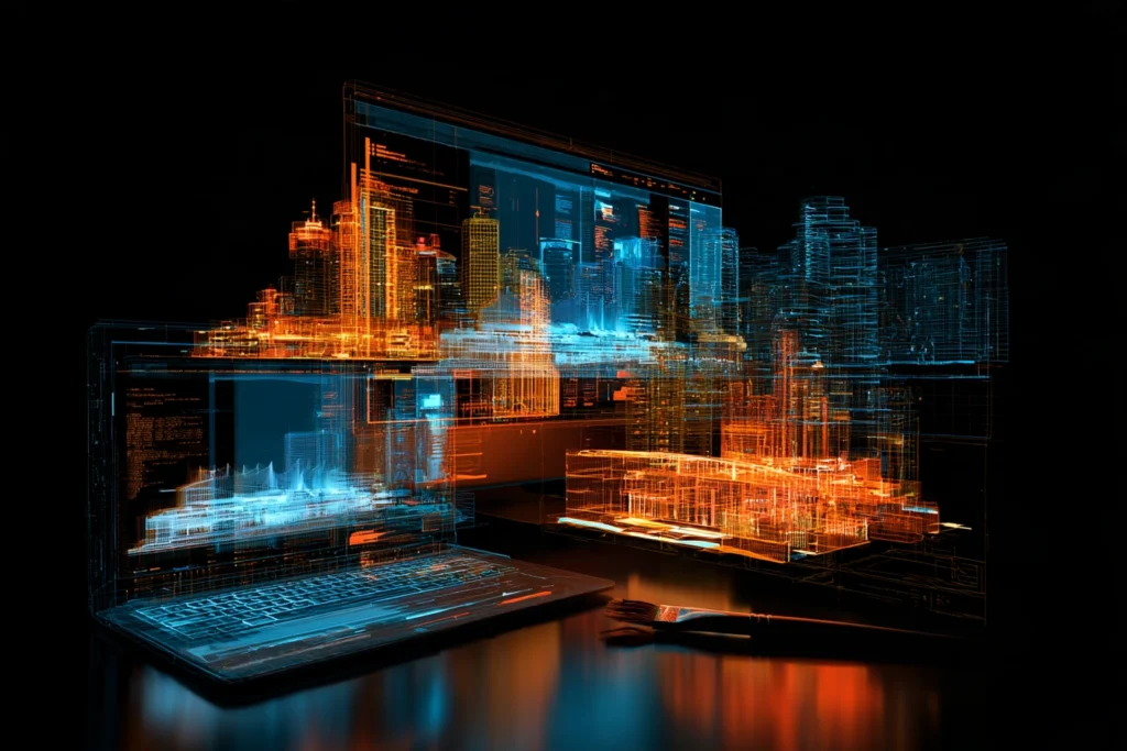 Digital wireframe laptop and screens displaying the Vancouver skyline, representing web design and development in Vancouver